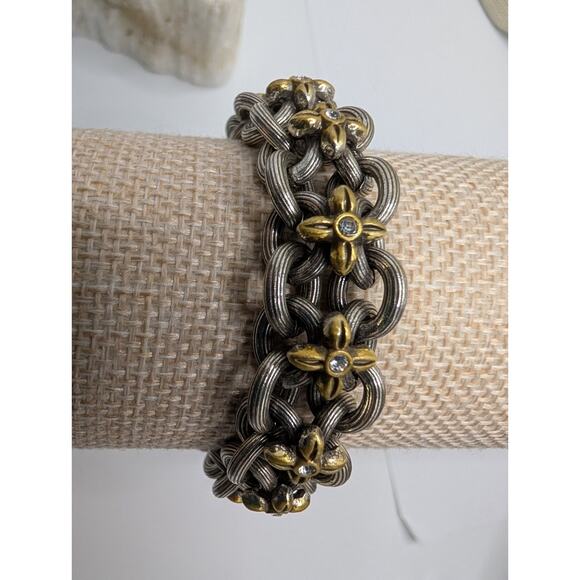 Brighton Flower Link Bracelet 7.5in Two Tone Gold Silver Crystal nice! - Picture 3 of 8